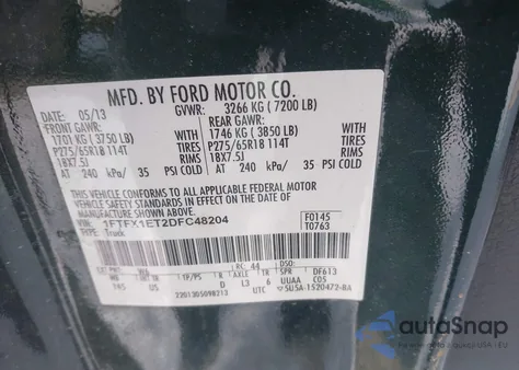 2013 Ford F-150 Xlt из США, поврежденный, VIN 1FTFX1ET2DFC48204